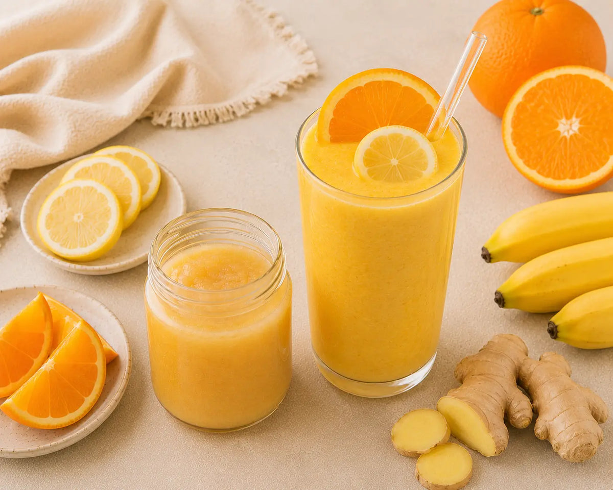Citrus sea moss smoothie beside oranges, lemon, ginger, banana and sea moss gel.