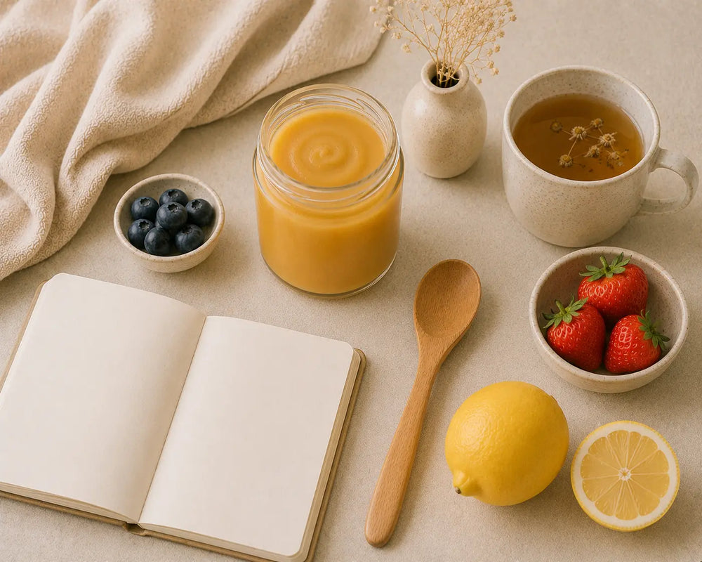 Smooth golden sea moss gel beside a notebook, herbal tea, fruit and neutral wellness props.