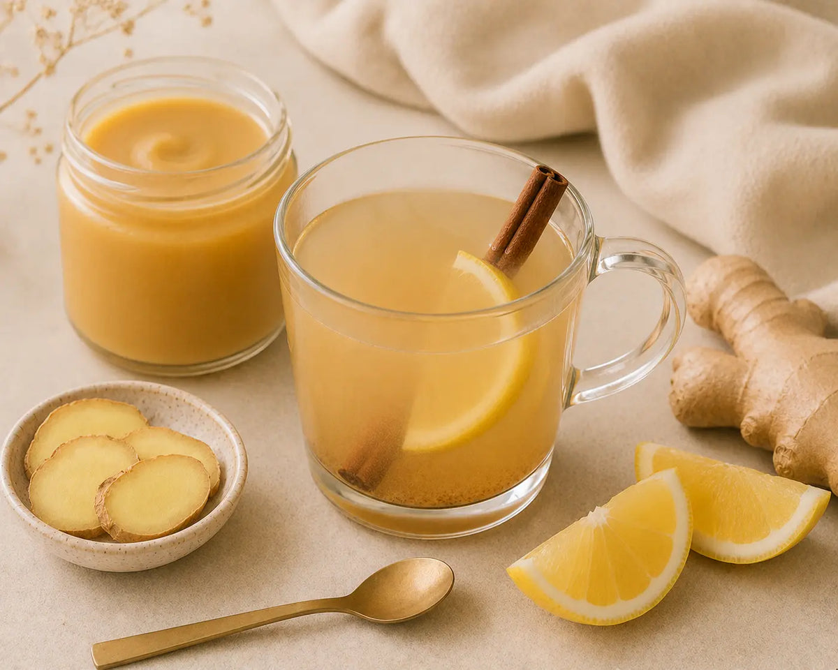Warm sea moss tea with lemon, ginger, cinnamon and golden sea moss gel.