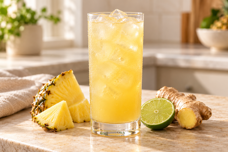 Pineapple and ginger sea moss cooler over ice with lime alongside.