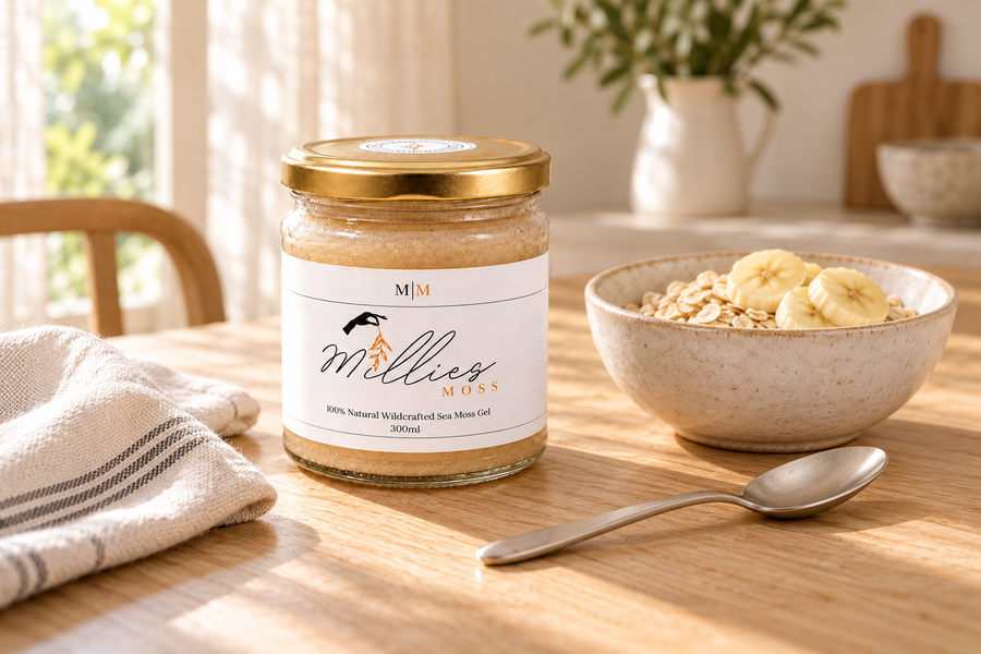 A Millie’s Moss Golden Gel jar beside a bowl of oats and banana on a breakfast table.