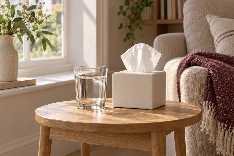 A glass of water and a tissue box on a sunlit side table beside a linen armchair.