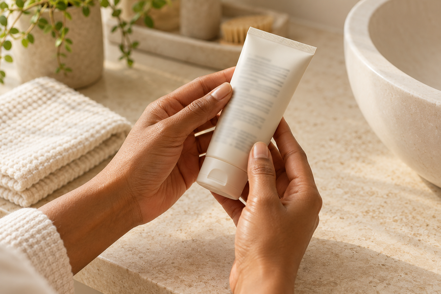 Hands checking the back label of a cosmetic tube beside a folded cloth and bathroom basin.