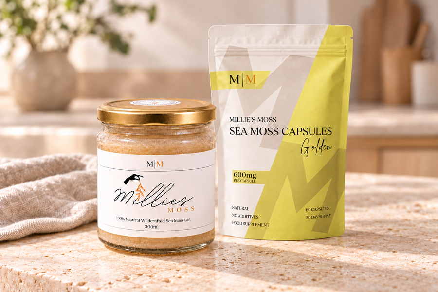 A Millie’s Moss Golden Gel jar beside the Golden Sea Moss Capsules pouch.