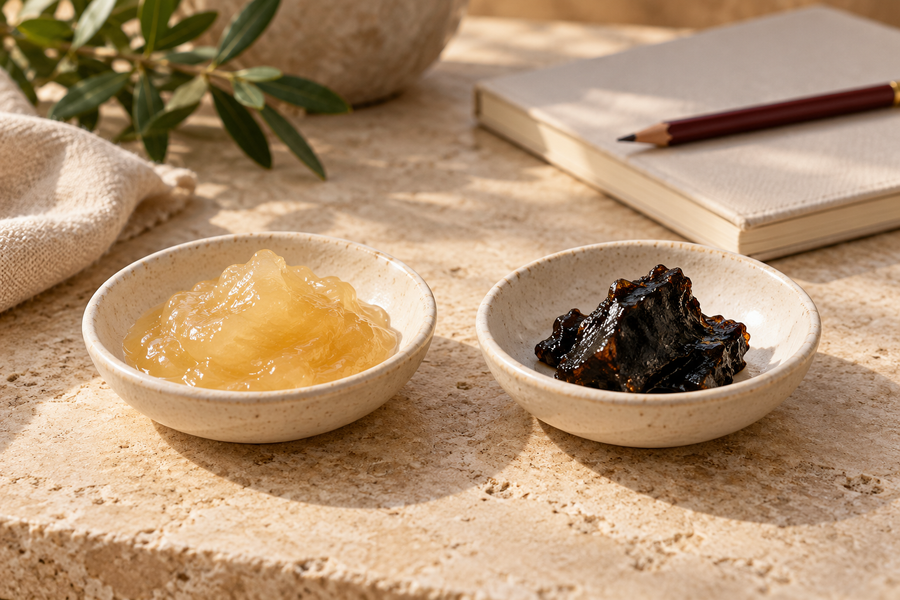 Separate ivory dishes containing pale golden sea moss gel and a dark resin-like shilajit sample.