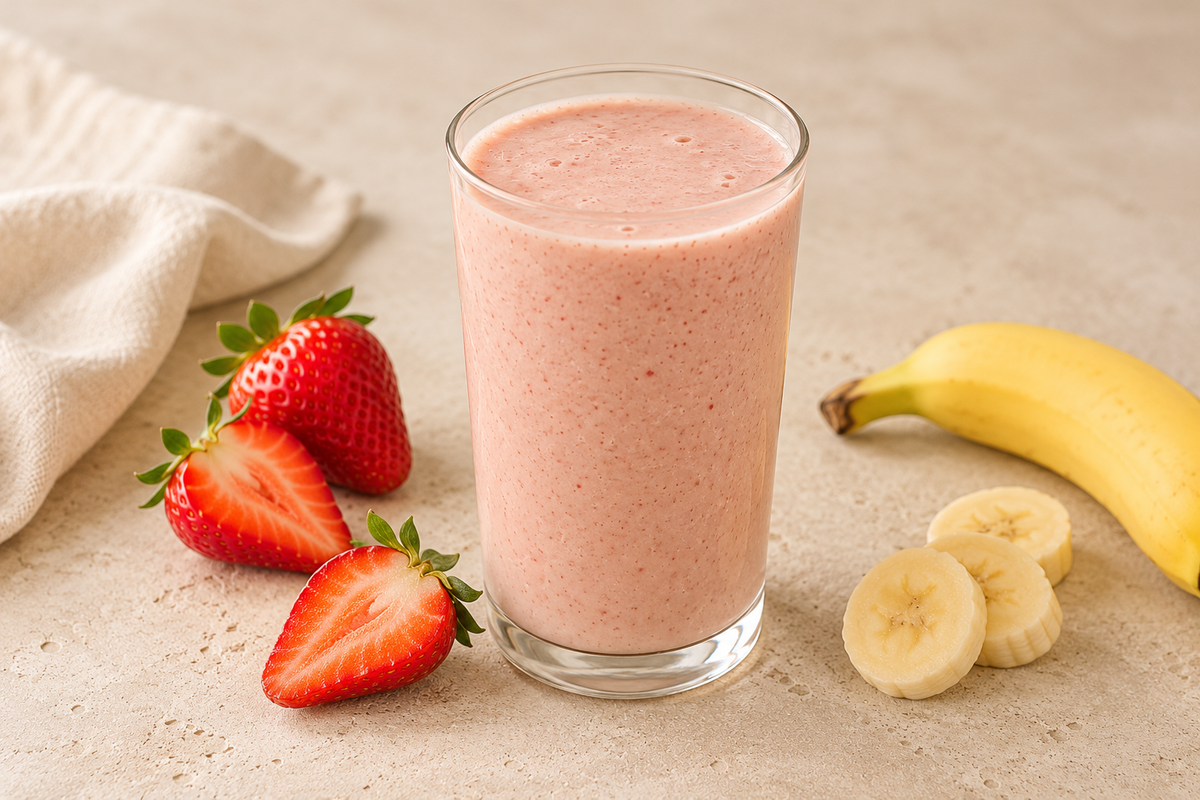 A strawberry and banana smoothie in a clear glass beside strawberries and banana slices.