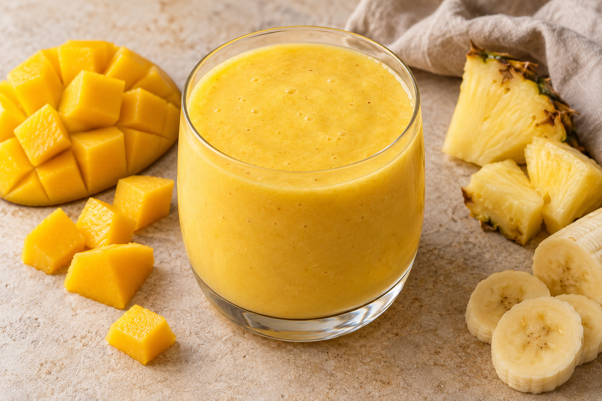 Mango and pineapple sea moss smoothie with fresh fruit on the table.