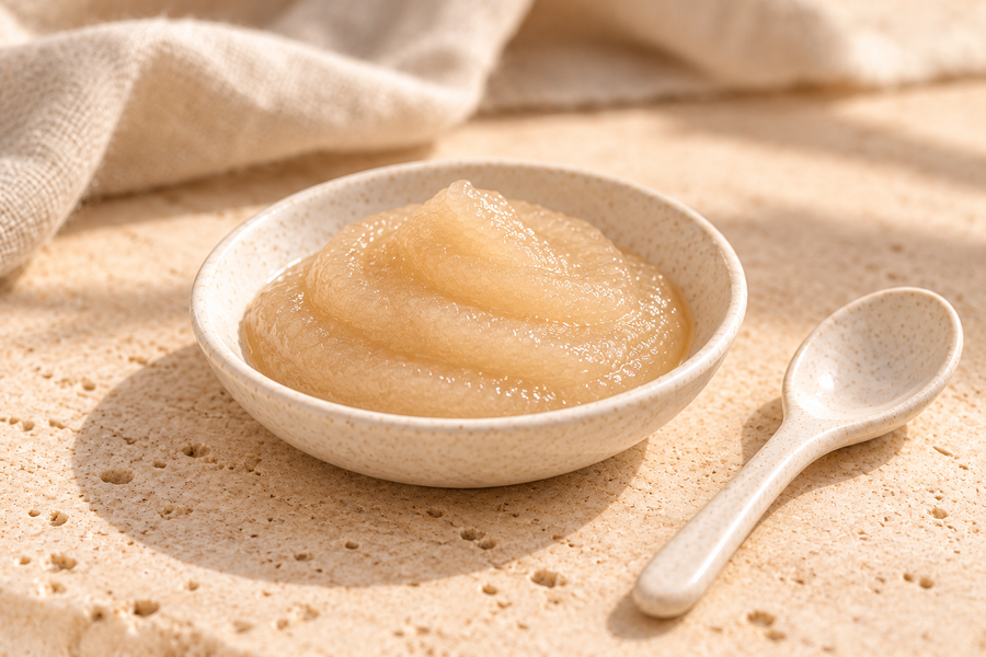 A shallow ceramic dish of golden sea moss gel with a ceramic spoon on a cream stone surface.