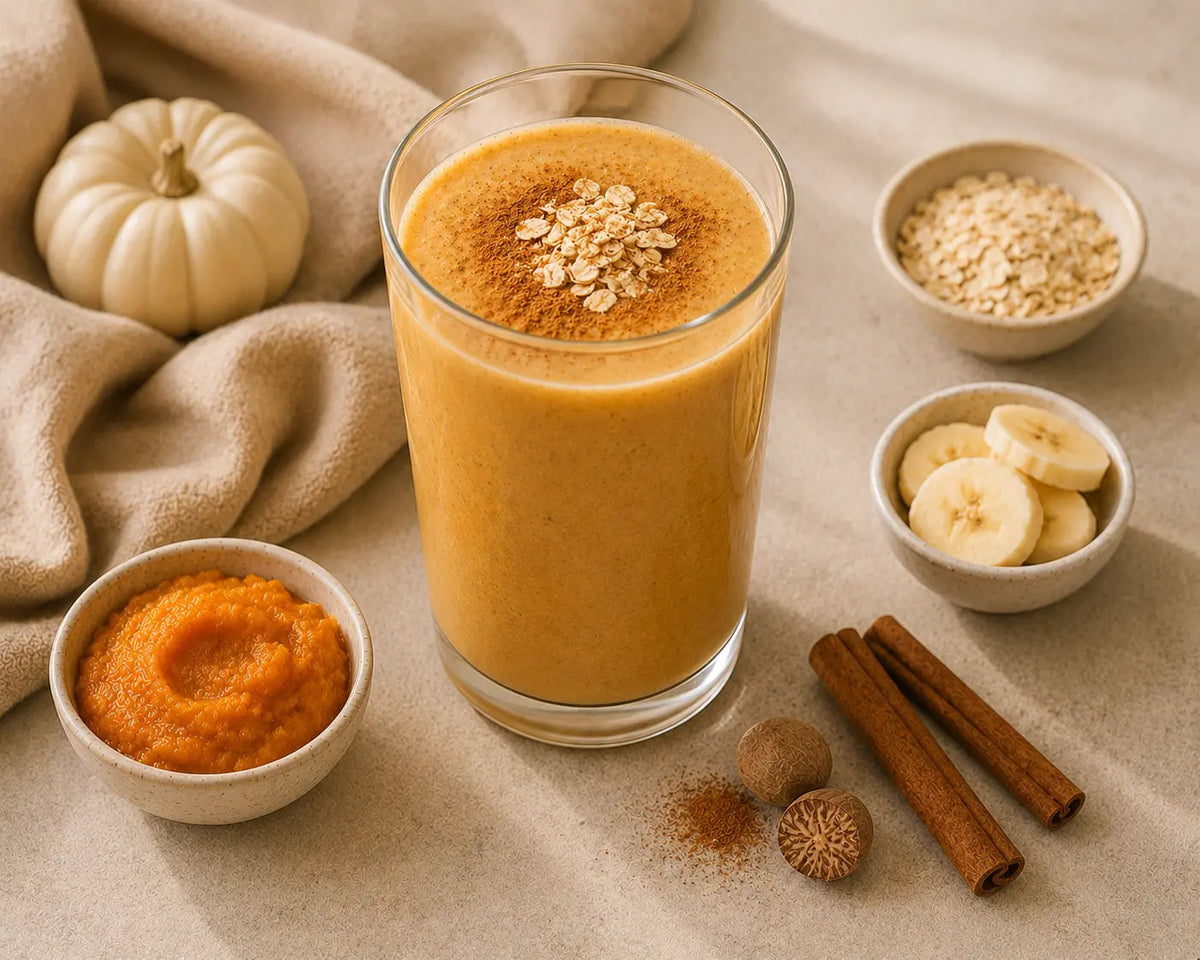 Creamy pumpkin spice sea moss smoothie with cinnamon, banana and pumpkin.