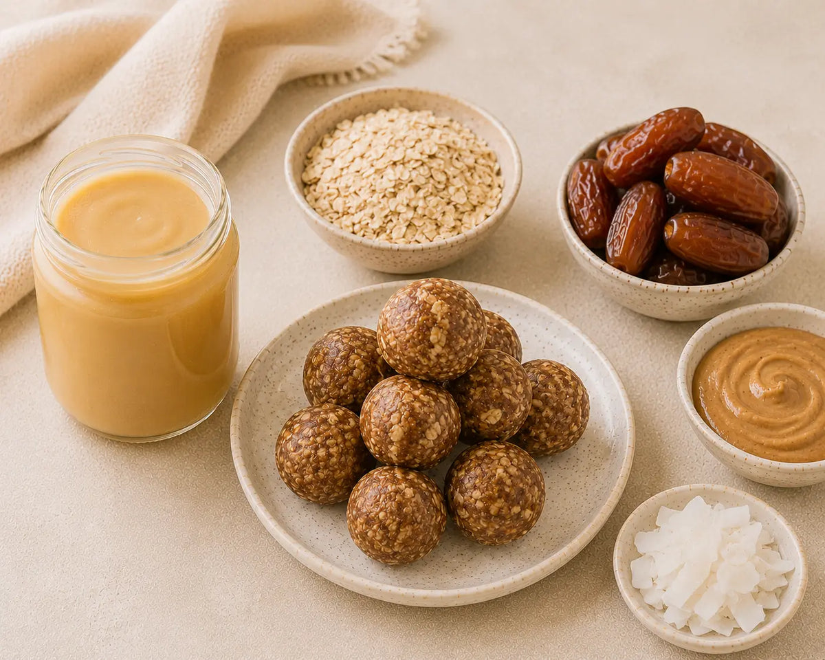 Sea moss energy balls on a plate beside sea moss gel, oats, dates and nut butter.