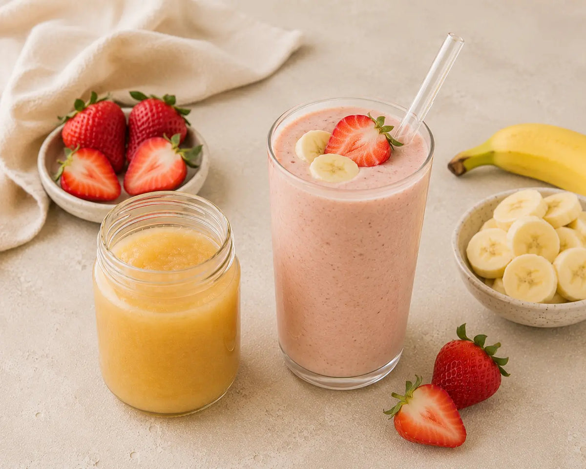 Strawberry and banana smoothie beside sea moss gel, fresh strawberries and banana slices.