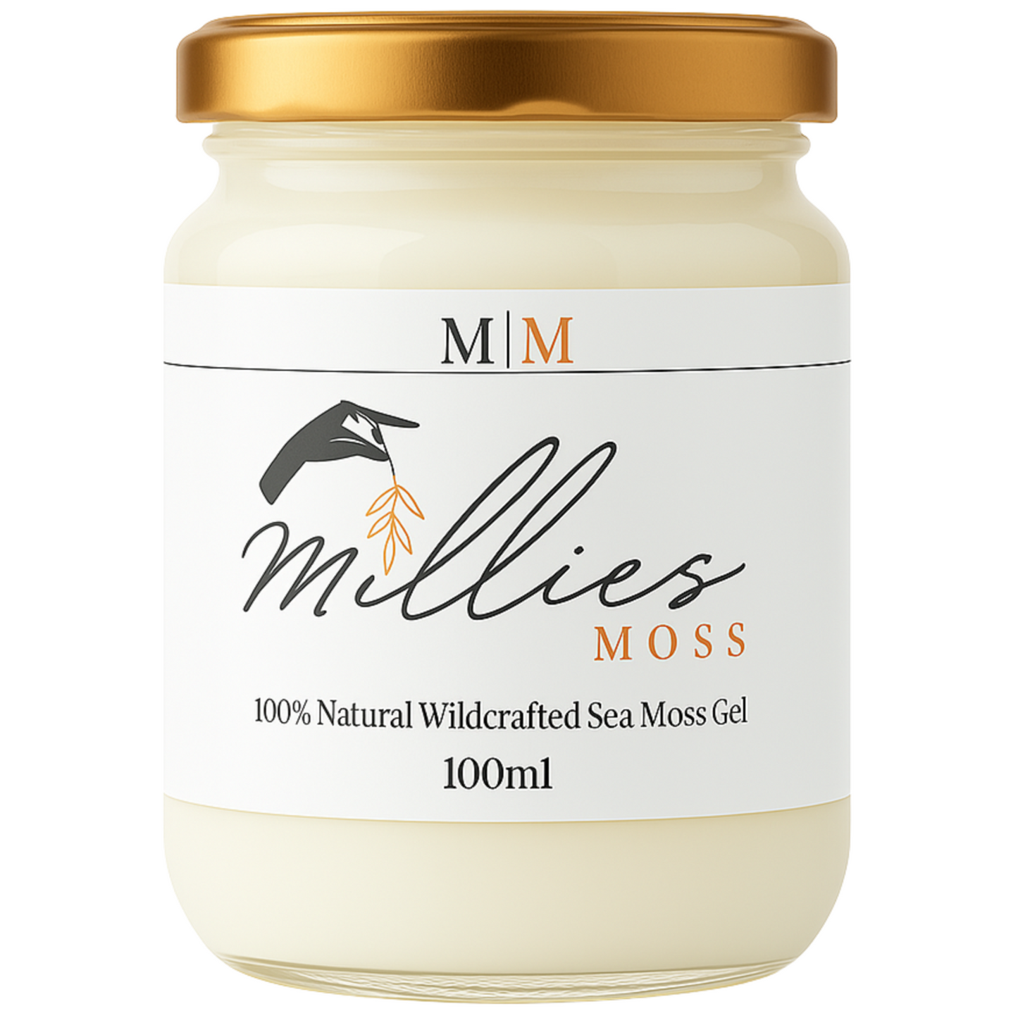 A jar of Millies Premium Golden Sea Moss Gel, labeled 100ml size, with a white and gold color scheme.