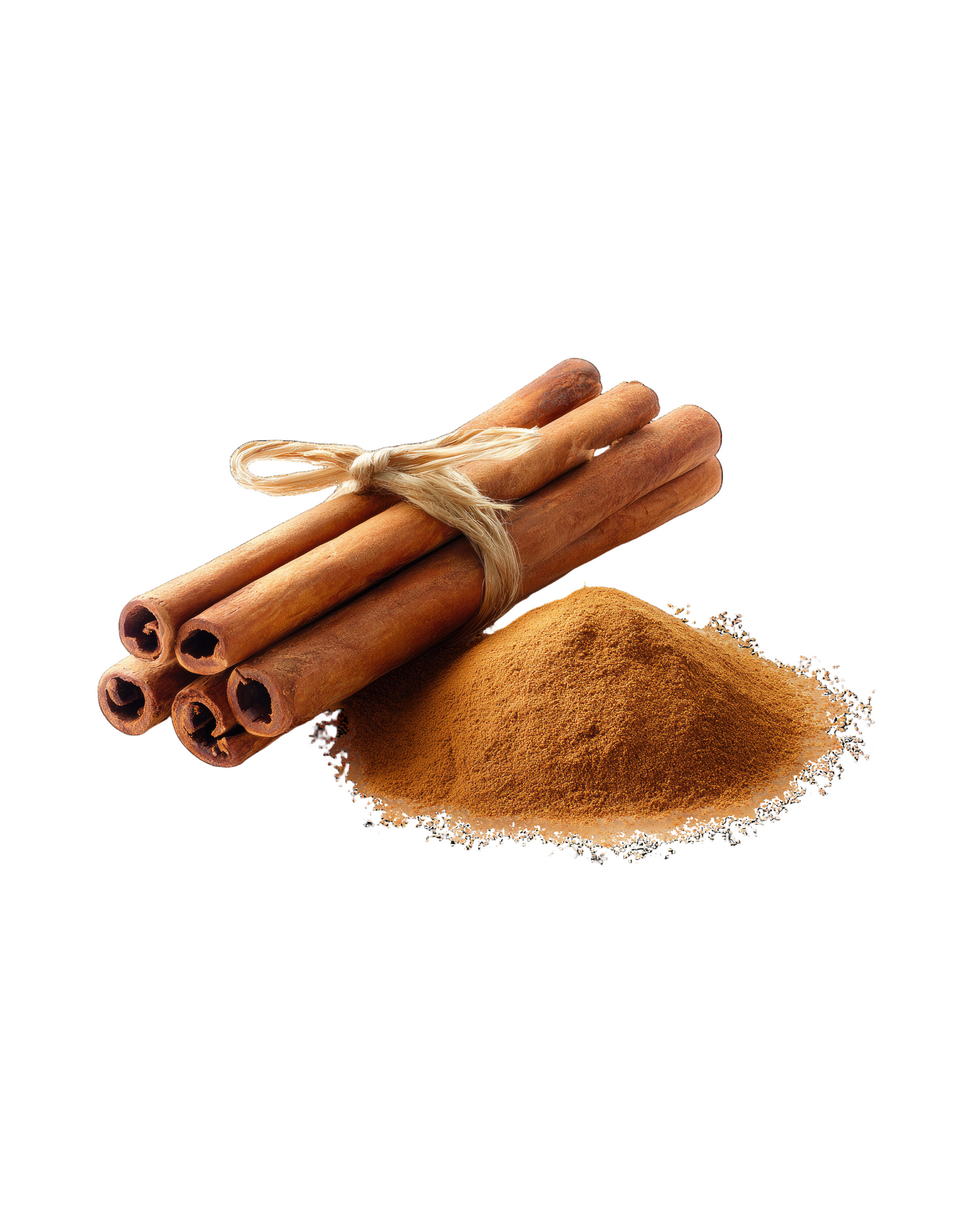 Cinnamon sticks tied with twine and a pile of cinnamon powder on a transparent background, derived from the bark of Cinnamomum trees, known for its anti-inflammatory, antioxidant, and blood sugar-regulating properties.