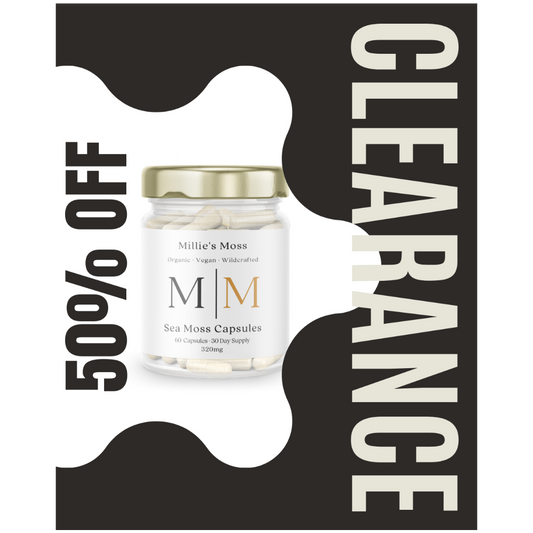 Millie's Moss Sea Moss Capsules jar with a 50% off promotional text on a black background
