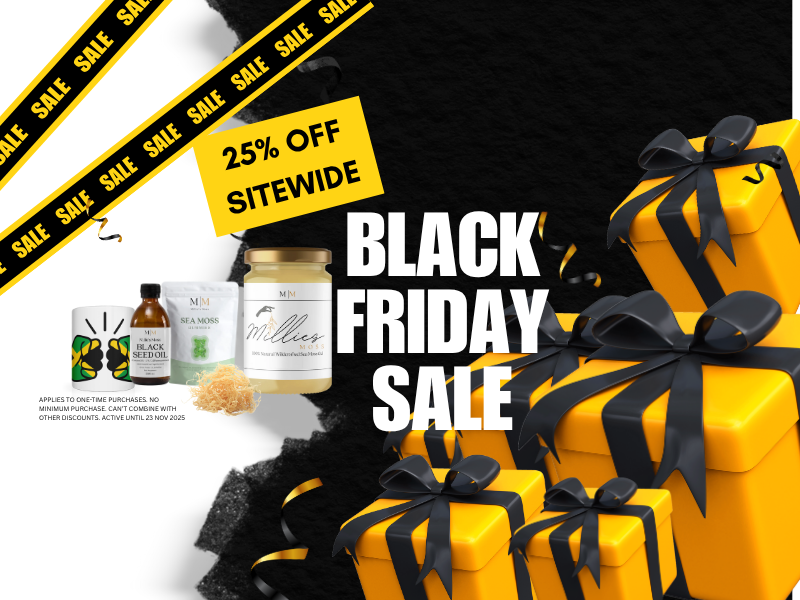 Millie's Moss Black Friday sale advertisement with yellow boxes, black ribbons, and promotional text.