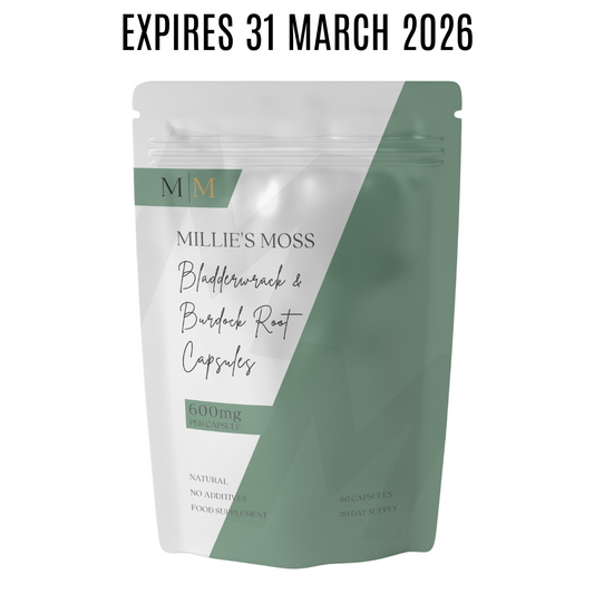 Millie's Moss capsule package with an expiration date label on a white background
