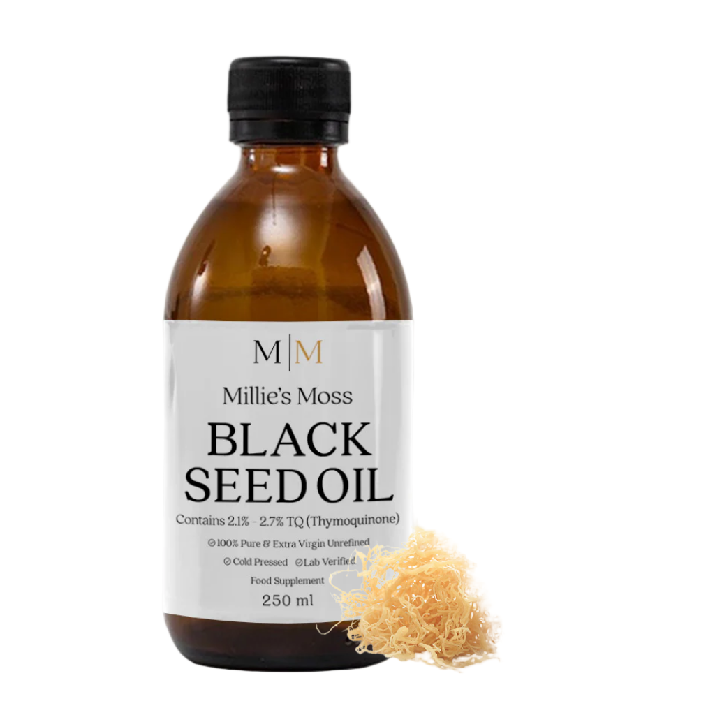 Bottle of Millie's Moss Black Seed Oil with dried sea moss on a white background
