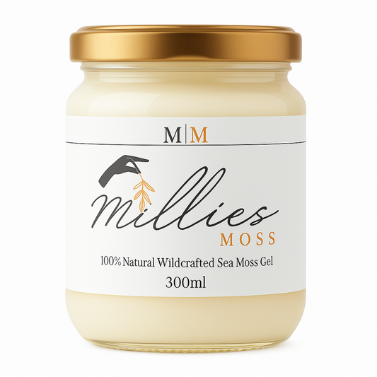A jar of Millies Premium Golden Sea Moss Gel, labeled 300ml size, with a white and gold color scheme. Front view