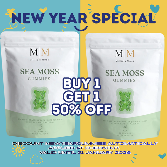 Two packages of Millie's Moss Sea Moss Gummies on a split blue and yellow background with promotional text stating Buy 1 Get 1 50%off