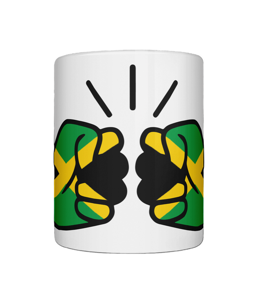 White coffee, tea mug featuring a colorful We Run Tings logo with the patriotic flag of Jamaica on a white background; presented as a great gift idea. White mug with black, green, and yellow design of raised fists on a white background