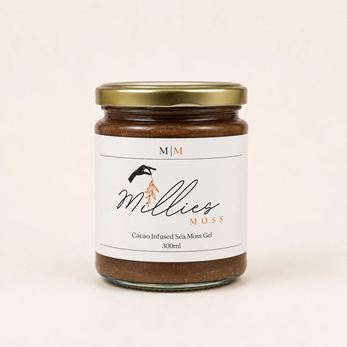 Millie’s Moss Cacao Infused Sea Moss Gel 300ml jar on a warm off-white background.