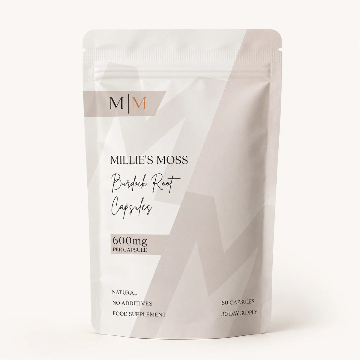 Millie’s Moss Burdock Root Capsules pouch front showing 600mg per capsule, 60 capsules and 30 day supply