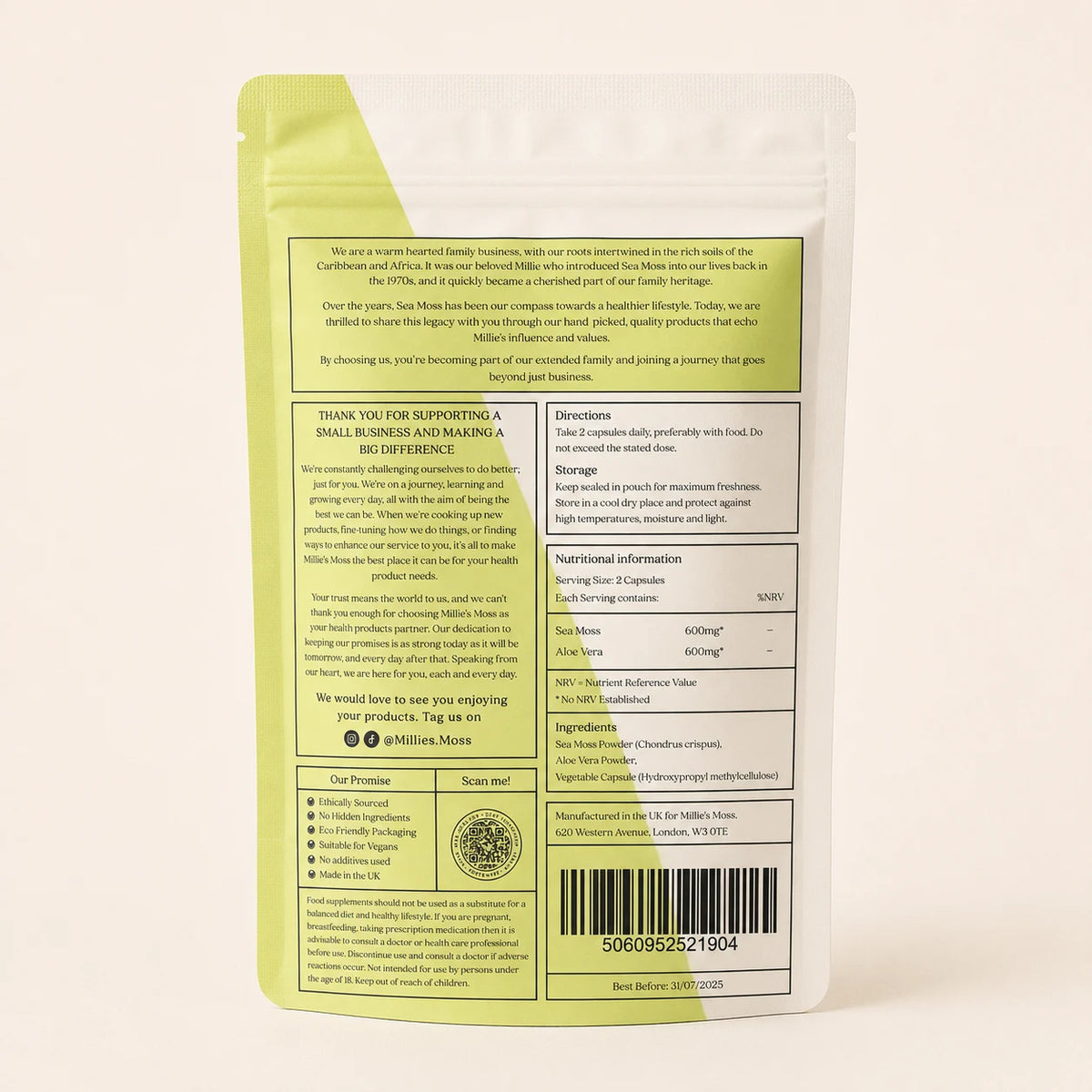 Back of Millie’s Moss Sea Moss with Aloe Vera Capsules pouch showing directions, storage, ingredients, nutritional information and barcode.