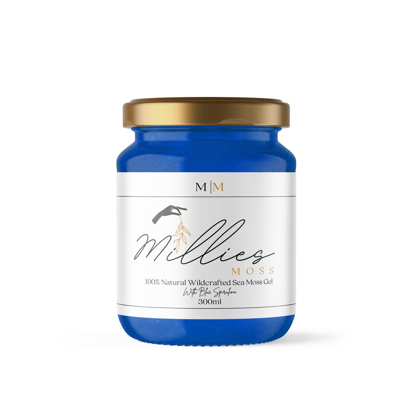 A blue jar of Millie's Organic Sea Moss Gel infused with Blue Spirulina with a white label on the front. The jar is sealed with a gold-colored lid. Front facing view