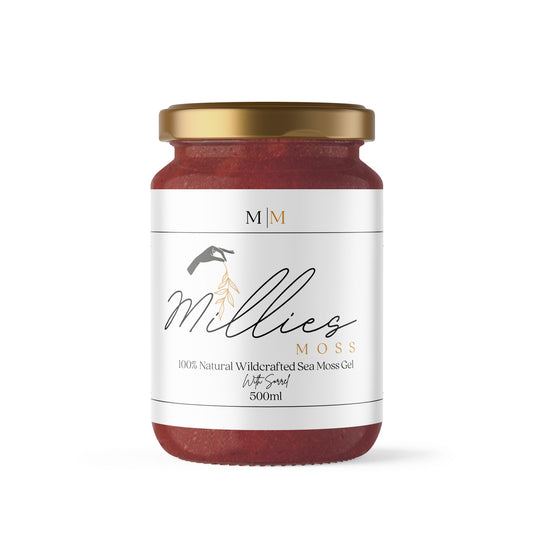 Front view of a 500ml jar of Millie’s Moss Sea Moss Gel infused with sorrel, a vibrant, antioxidant-rich blend for immune support and overall wellness. With a white label and gold lid.