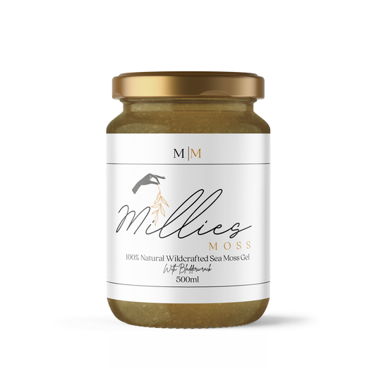 Front view of a 500ml jar of Sea Moss Gel infused with organic bladderwrack, a nutrient-dense blend promoting digestive health, detox, and overall vitality.