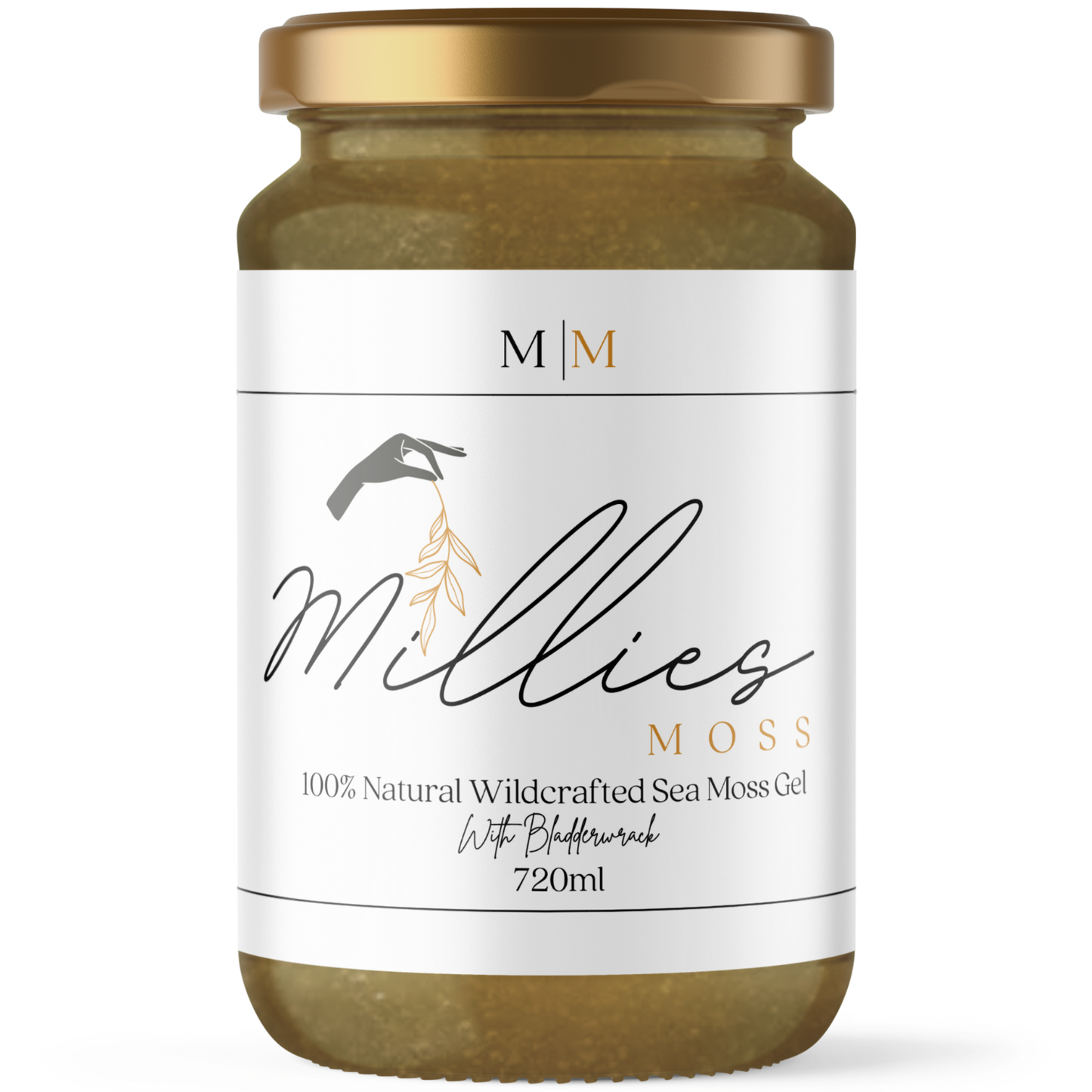 Front view of a 720ml jar of Sea Moss Gel infused with organic bladderwrack, a nutrient-dense blend promoting digestive health, detox, and overall vitality.