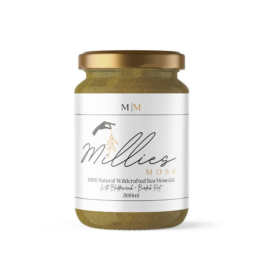 Millie’s Moss 500ml Sea Moss Gel with bladderwrack and burdock root — a nourishing blend to boost energy, detoxify, and promote overall health.