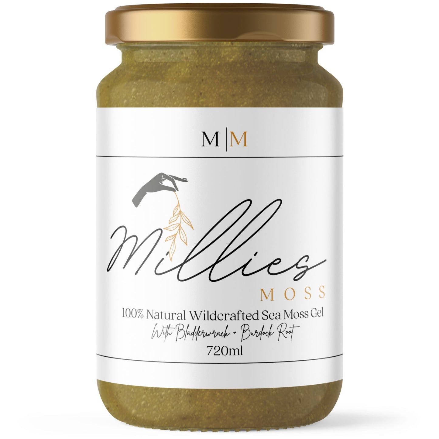 Millie’s Moss 720ml Sea Moss Gel with bladderwrack and burdock root — a nourishing blend to boost energy, detoxify, and promote overall health. Front view