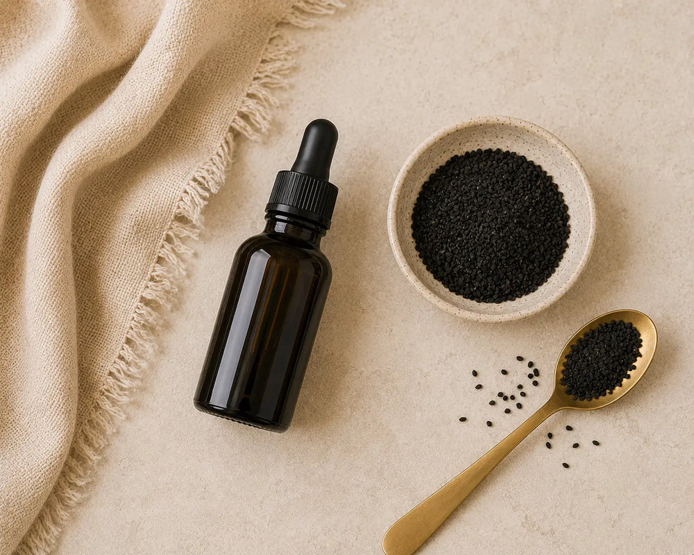 Black seed oil bottle beside black seeds in a ceramic dish on a light stone background.