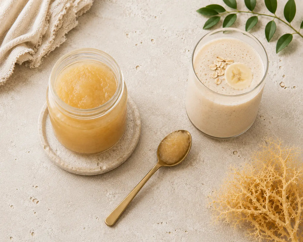 Jar of golden sea moss gel with a tablespoon and smoothie on a light stone background.