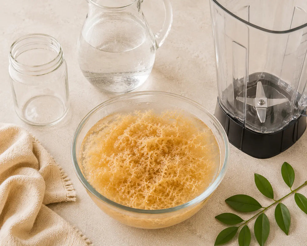 Soaked golden sea moss in a glass bowl beside a blender and clean jar.
