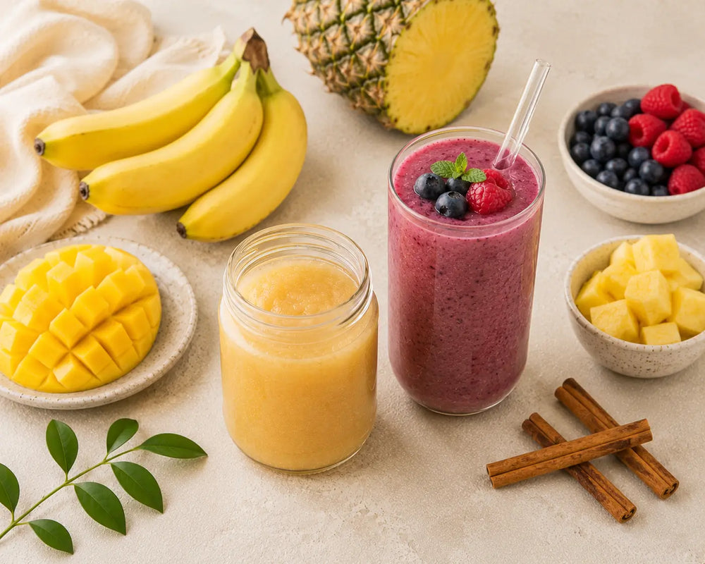 Jar of golden sea moss gel beside a fruit smoothie with banana, mango and pineapple.