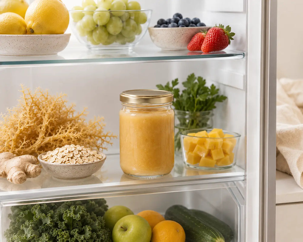 Jar of golden sea moss gel stored in a fridge with fresh fruit.