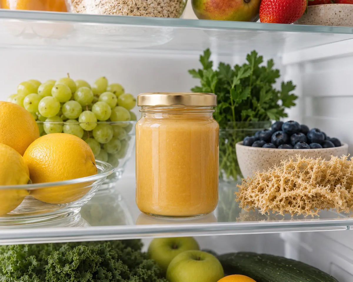 Jar of golden sea moss gel stored in a fridge with fresh fruit.