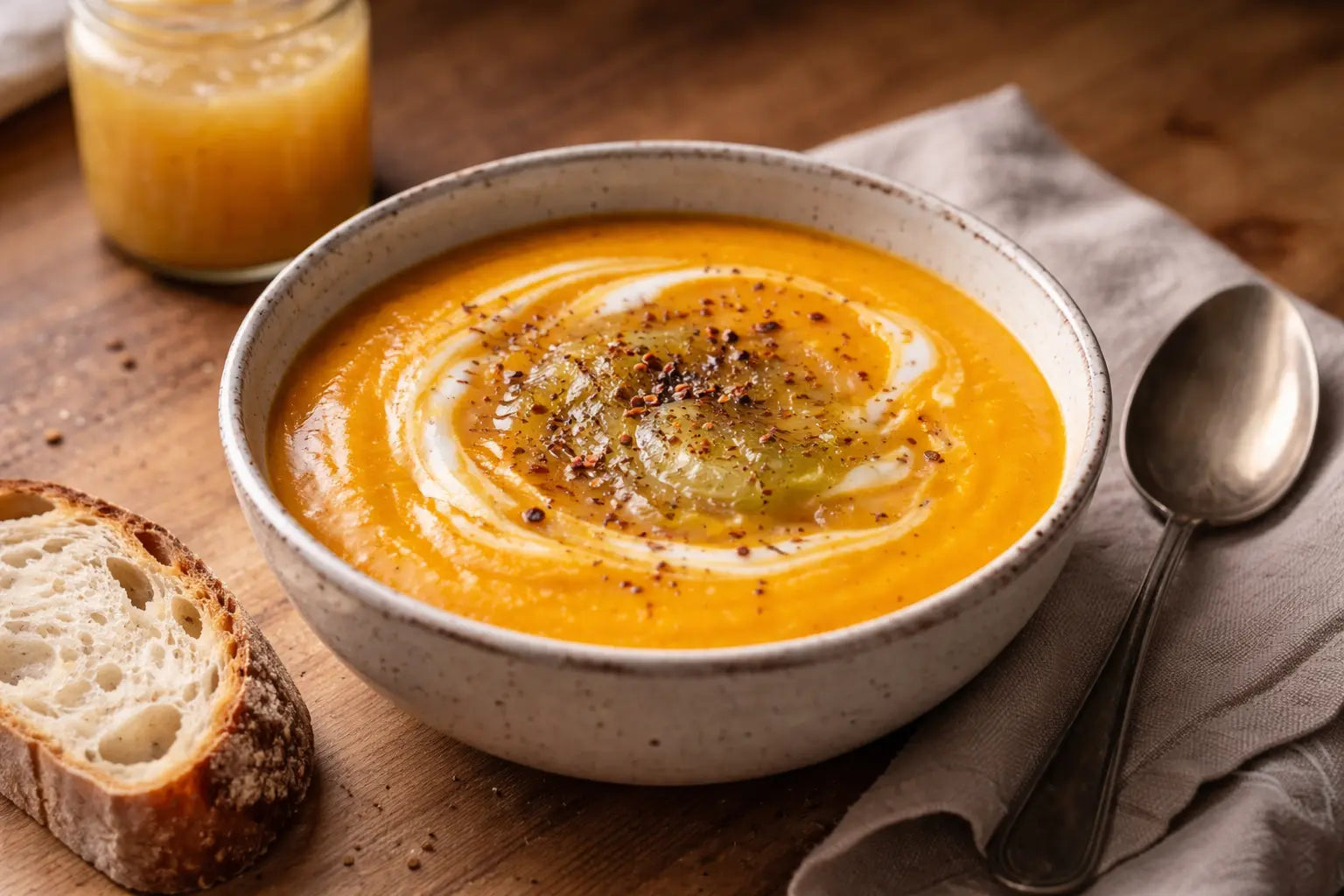 Creamy pumpkin soup thickened with sea moss gel served with rustic bread