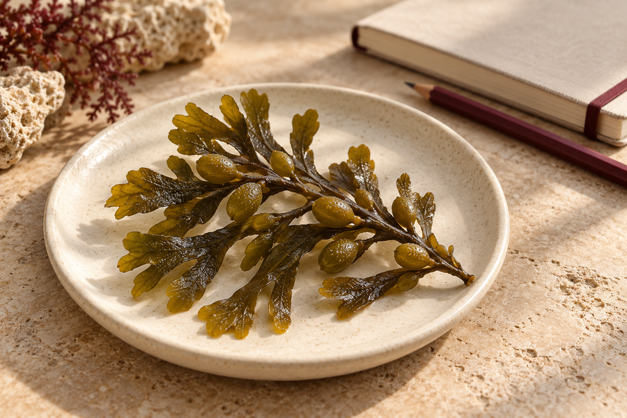 An olive-brown bladderwrack frond on an ivory dish beside a notebook.