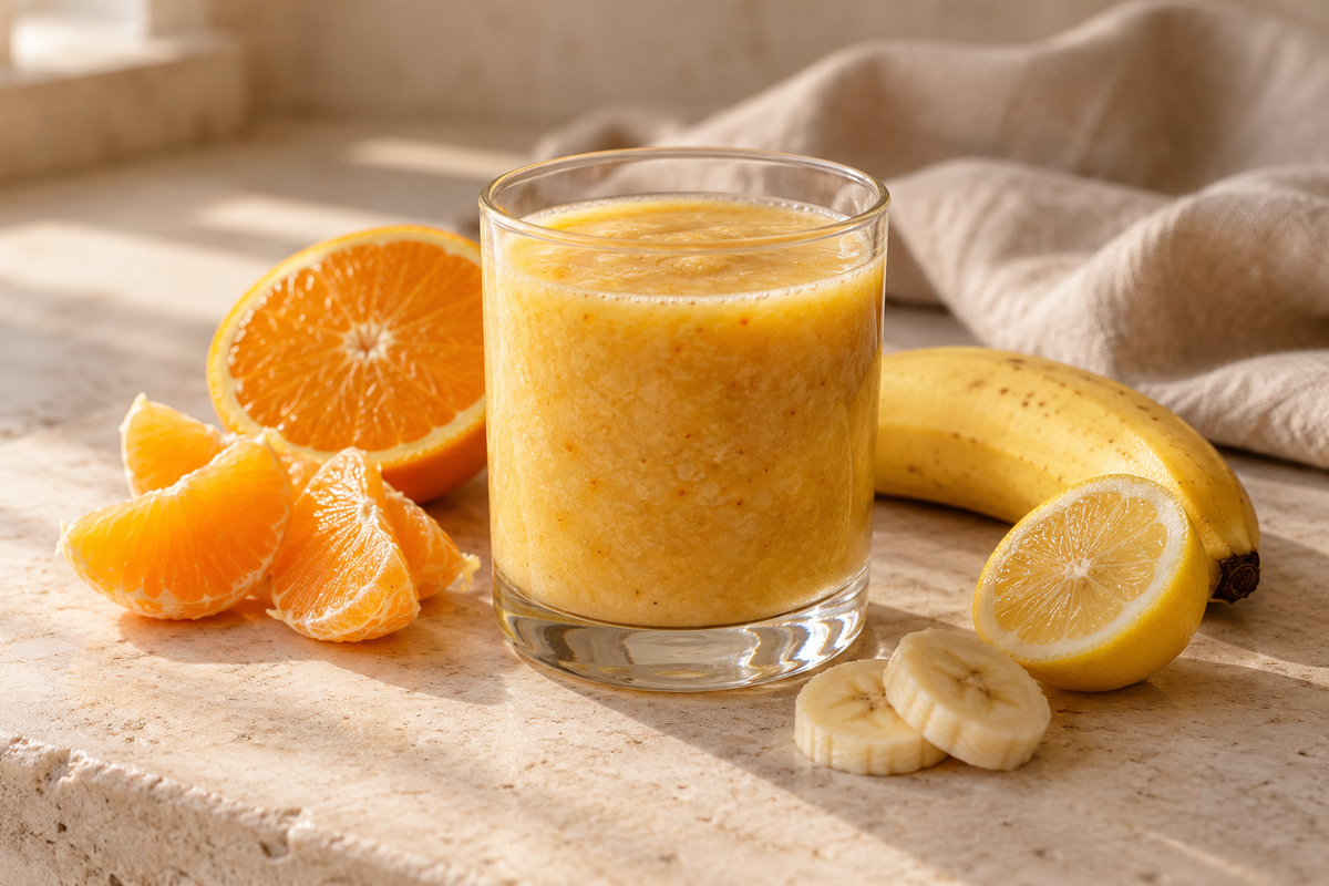 Orange and banana sea moss smoothie with orange and lemon alongside.