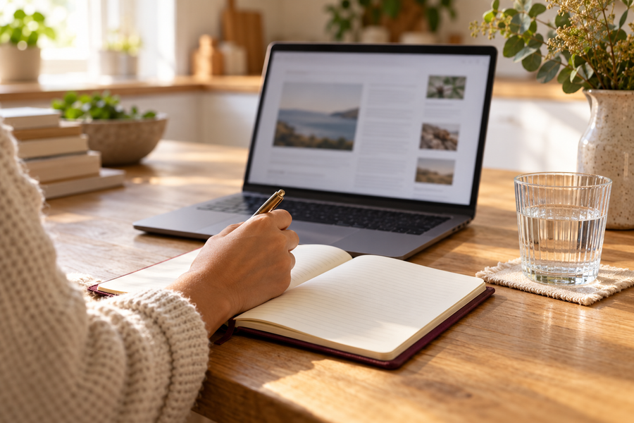 A person taking notes while reviewing information on a laptop at a kitchen table.