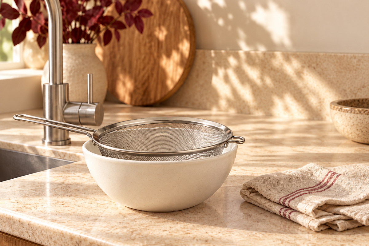 A clean sieve and ceramic bowl beside a kitchen tap, ready for rinsing dried sea moss.