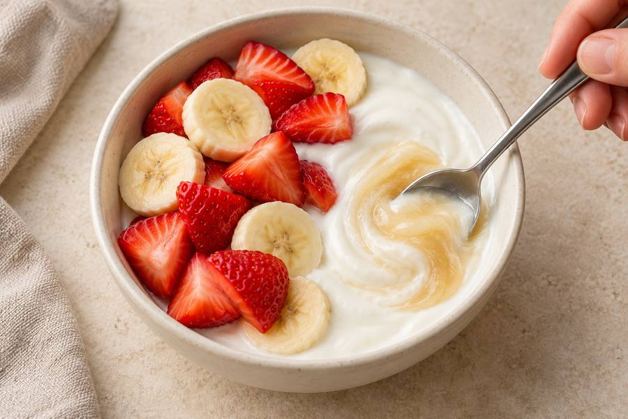 Sea moss gel being stirred into a breakfast bowl with strawberries and banana.