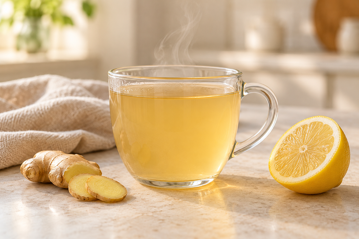 Warm ginger and lemon sea moss drink in a glass cup beside ginger and lemon.