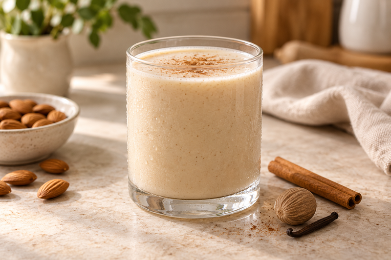 Chilled Irish moss-style almond milk drink with cinnamon, nutmeg and vanilla.