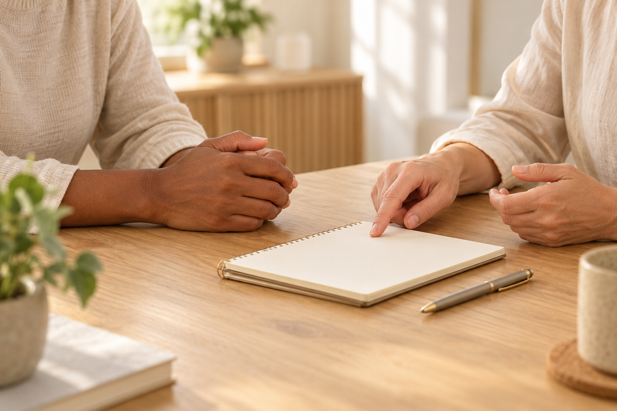 Two adults discussing questions over an open notebook at a wooden desk.
