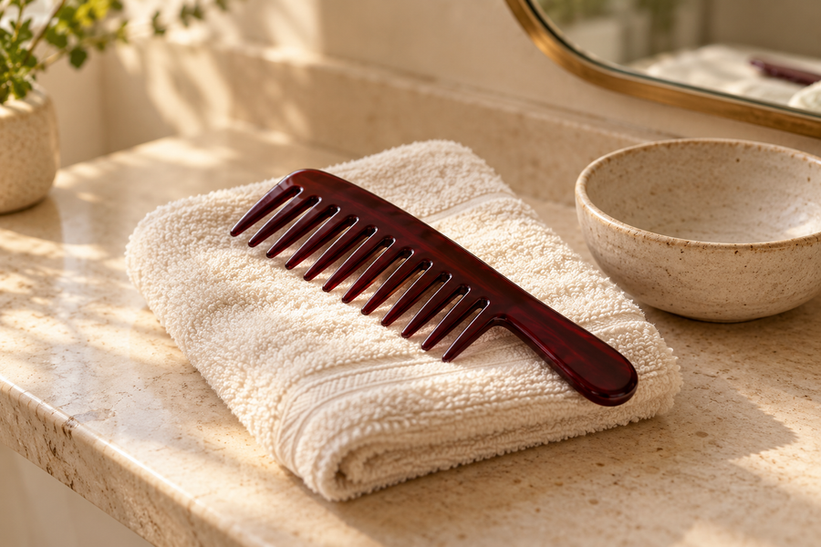 A burgundy wide-tooth comb on a folded cream towel beside a ceramic dish.