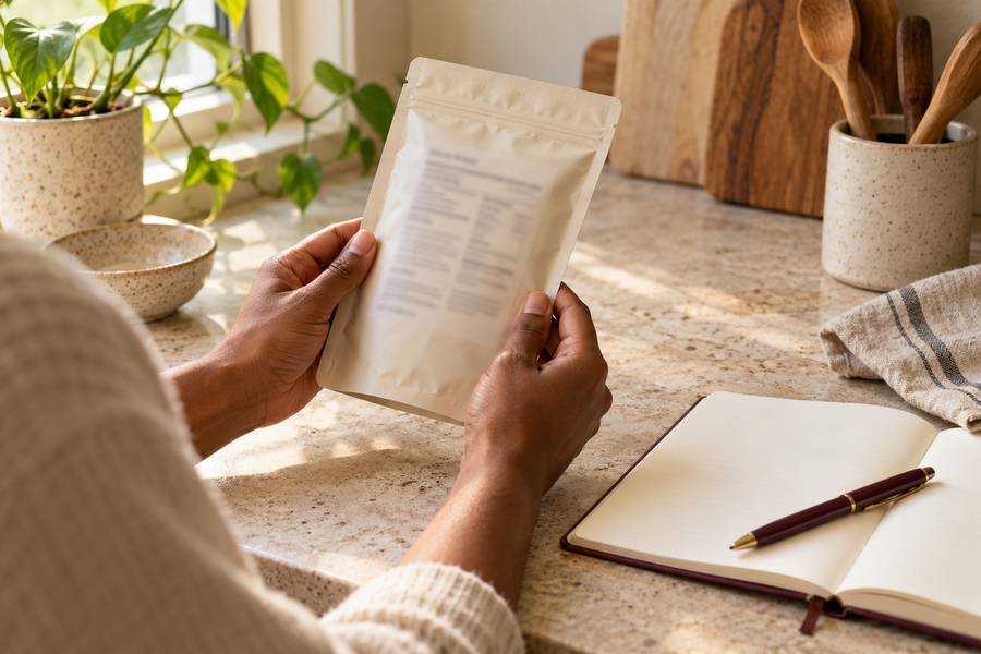 Hands checking a food pouch label beside a notebook and burgundy pen.
